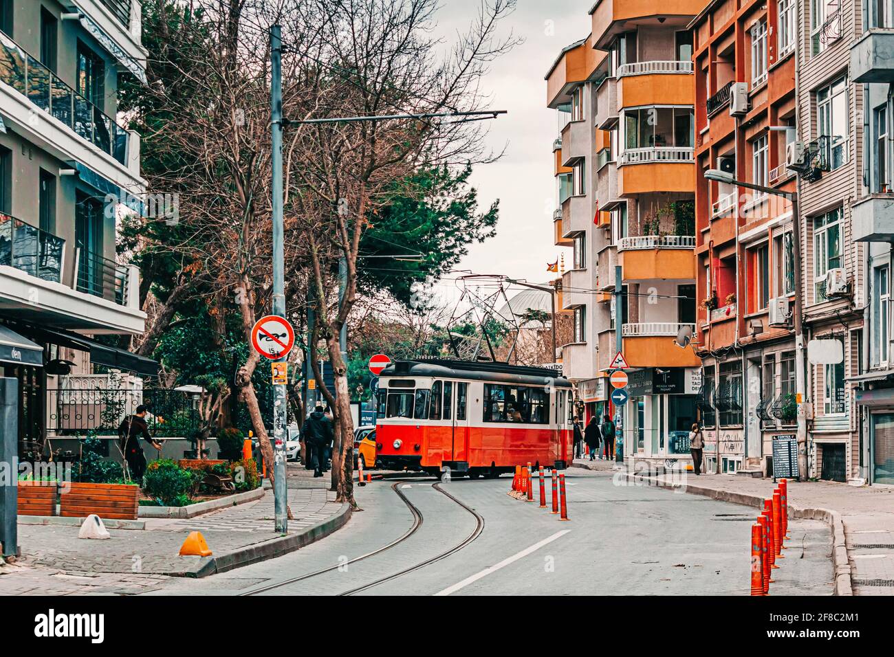 Istanbul, Turkey: March 15, 2018: Kadikoy - Moda nostalgic tramway. The trendy neighborhood is full of colorfull buildings in the Asian side of Istanbul. Stock Photo