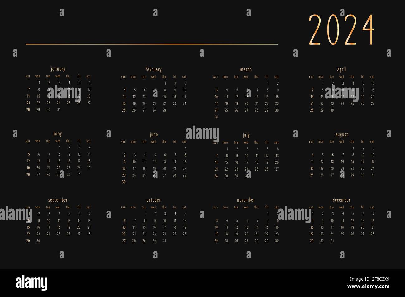 2024 calendar for personal planner diary notebook, gold on black luxury