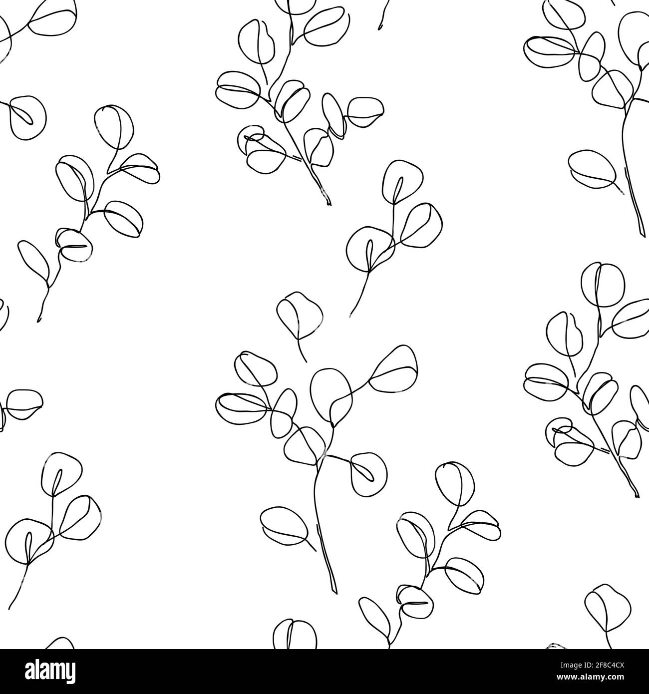 Eucalyptus branches in modern single line art style, seamless pattern. Continuous line drawing, aesthetic contour for textile, packaging, wallpapers Stock Vector