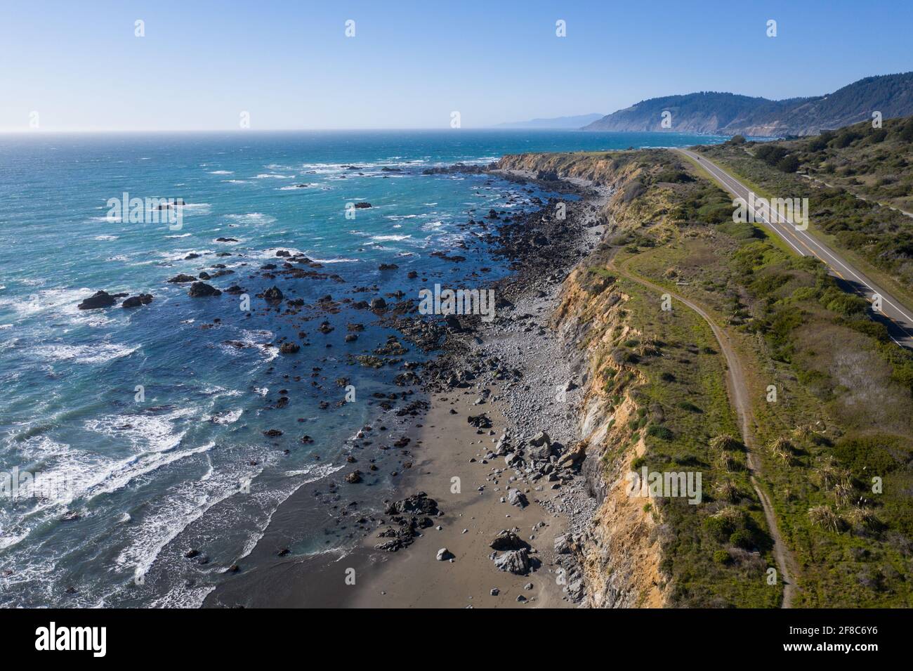 The Pacific Ocean meets the rocky shore of Northern California in Mendocino. This scenic region is known for its beautiful, rugged coastlines. Stock Photo