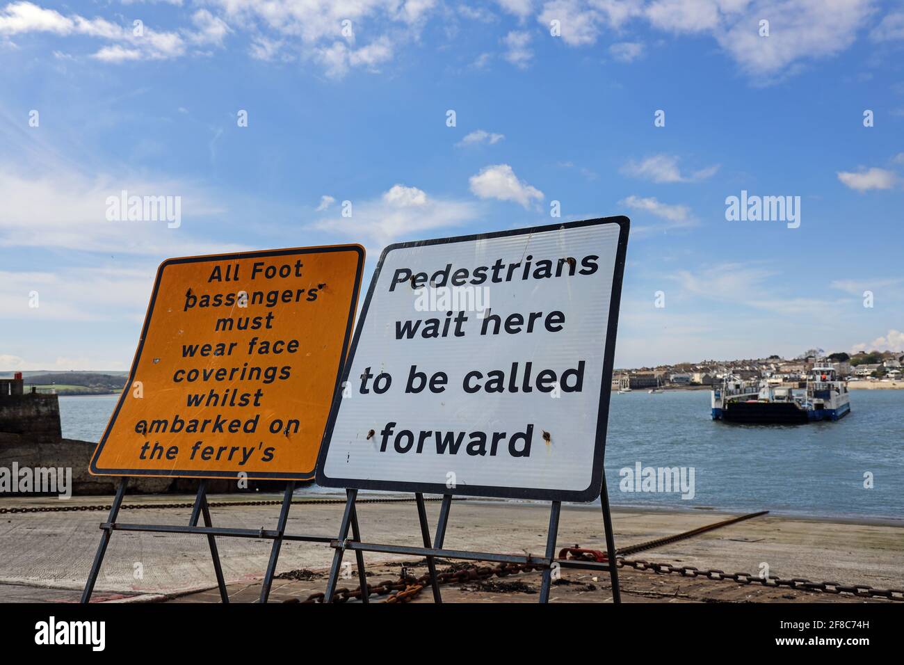 Covid restrictions still apply after the easing of lockdown on the Torpoint Ferries. As well as linking Torpoint with Plymouth they provide a floating Stock Photo