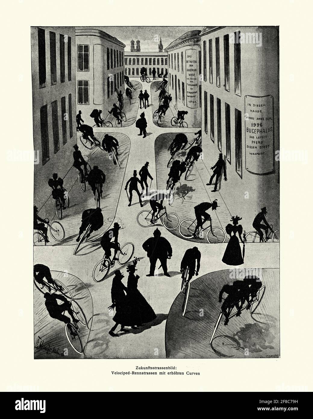 Victorian vision of the future, cyclists riding bicycles. Future streetscape. Velocipede racetracks with elevated curves. Zukunft Straßenbild. Velociped Rennstrecken mit erhöhten Curven Stock Photo