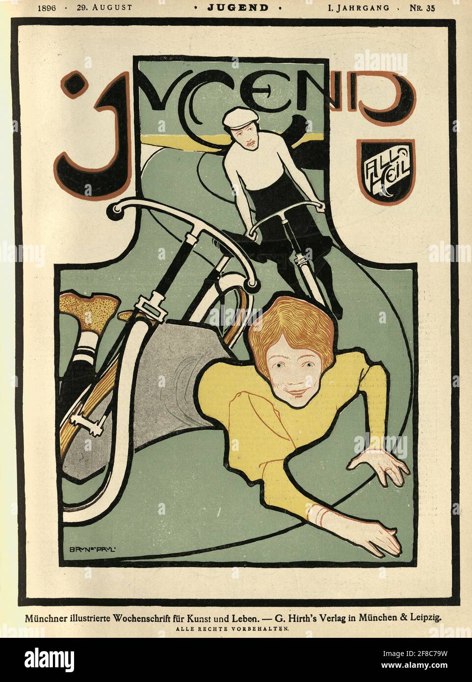 Cover of Jugend magazine, cycling man and woman, falling off bicycle, 19th Century. Jugendstil, Art nouveau Stock Photo