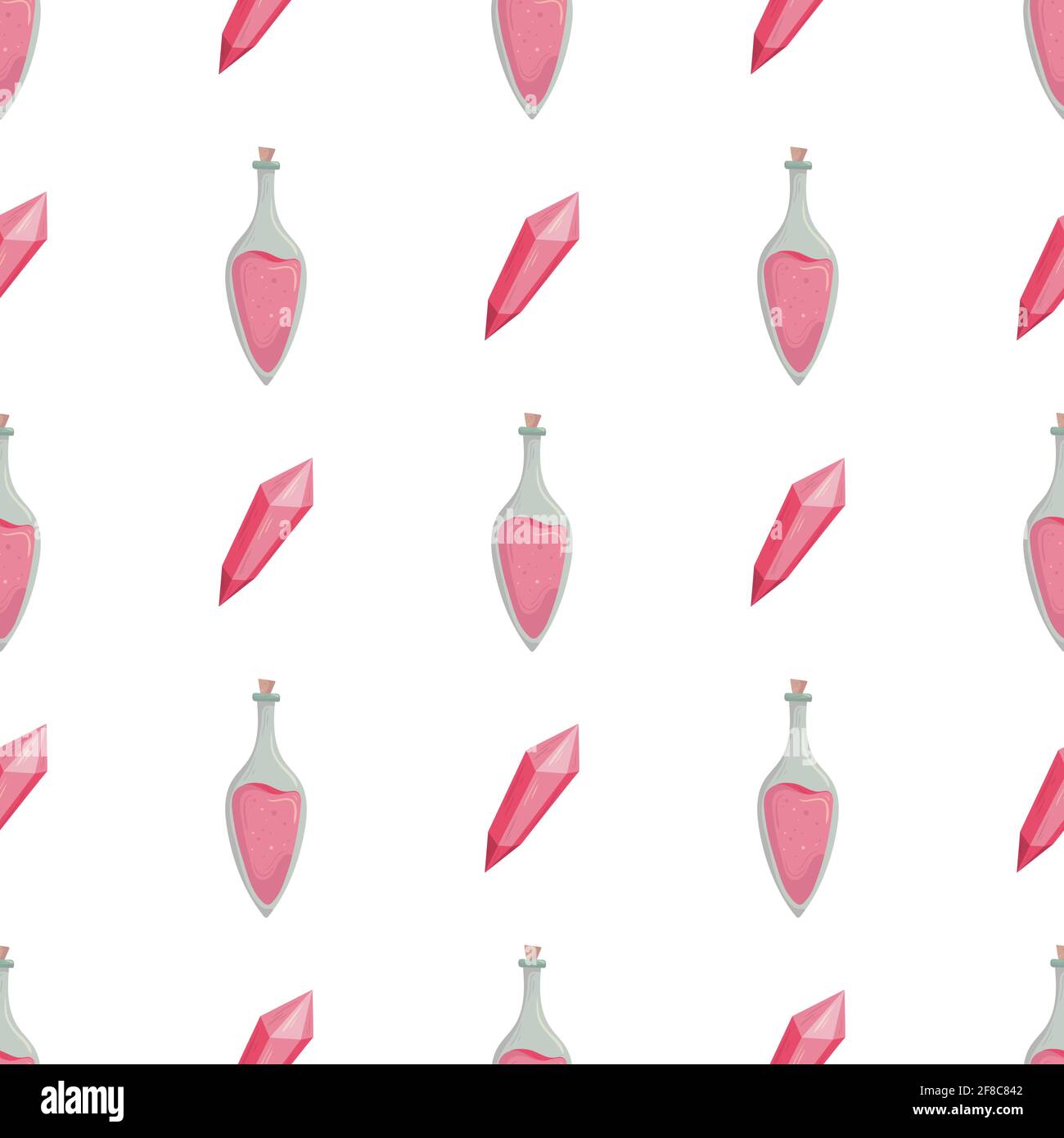 Witch seamless pattern with pink crystal and potion bottle Stock Vector