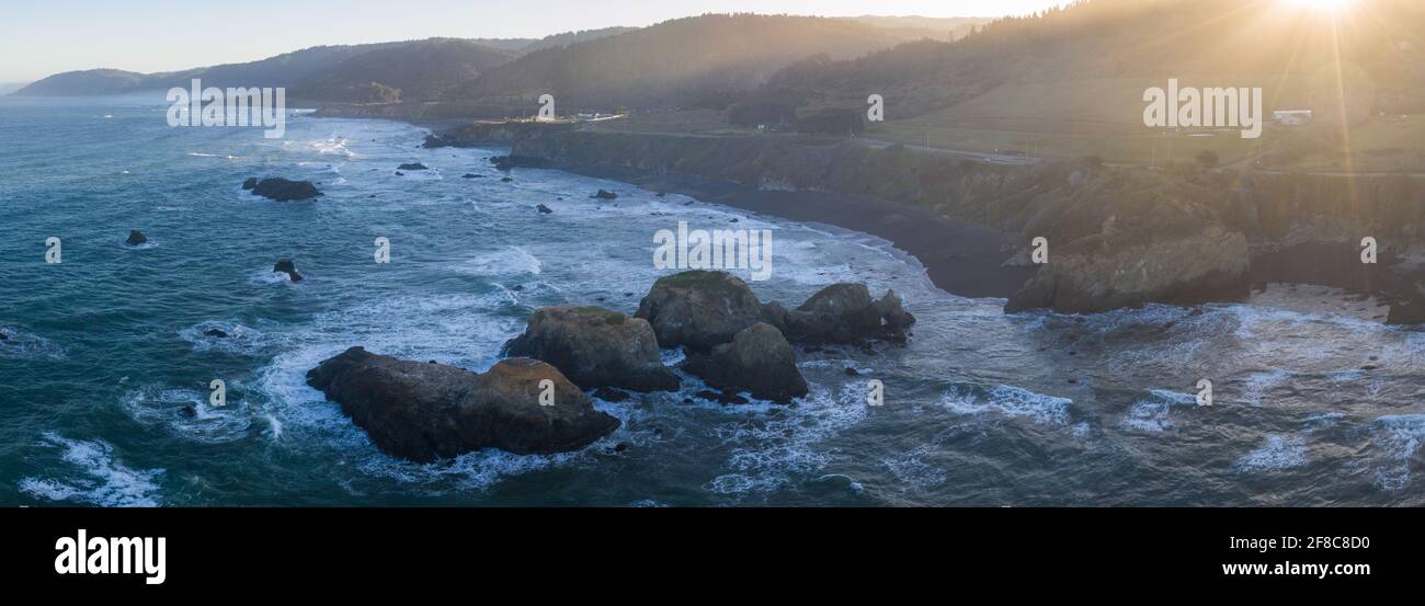 The Pacific Ocean meets the rocky shore of Northern California in Mendocino. This scenic region is known for its beautiful, rugged coastlines. Stock Photo