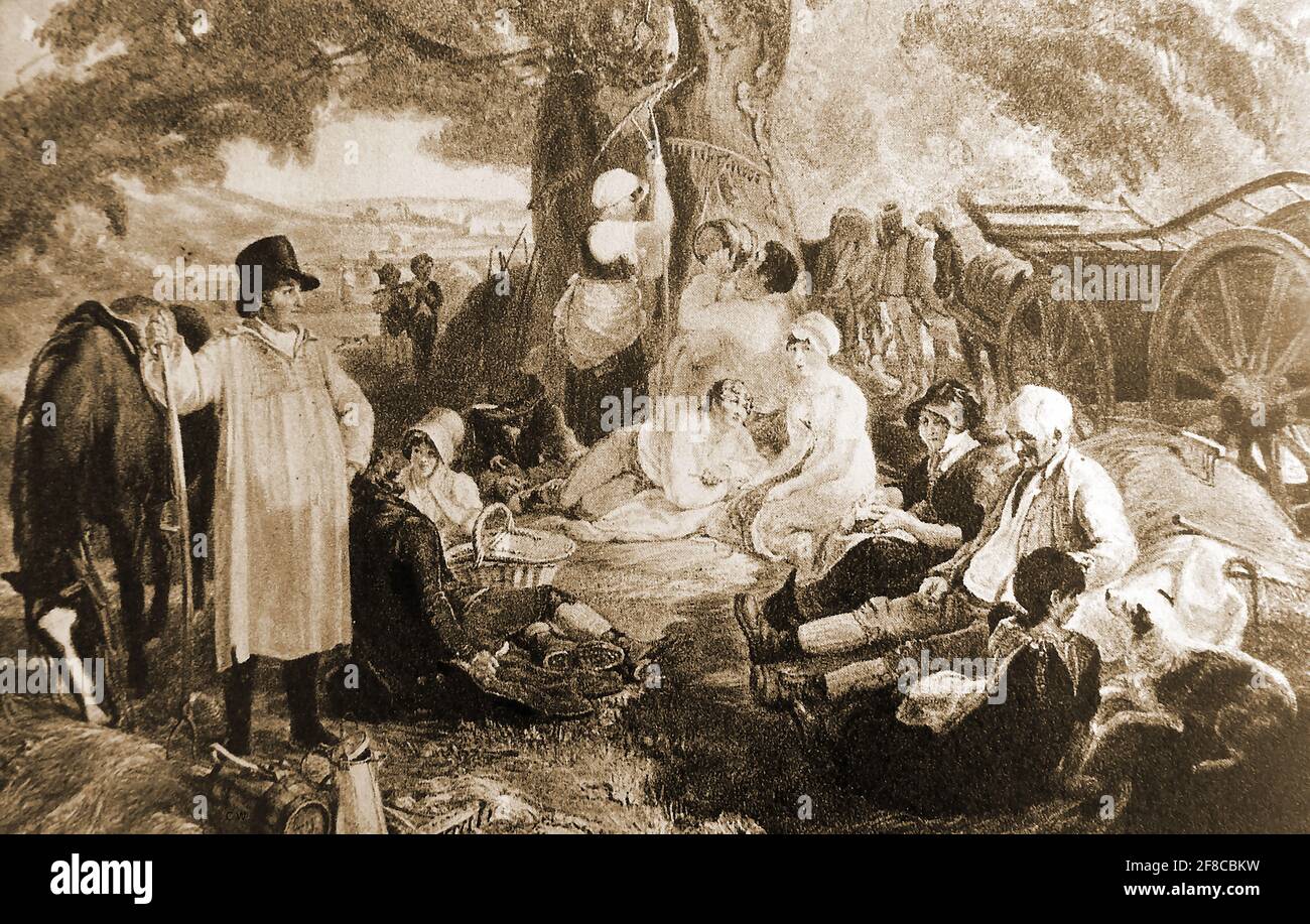 HAY-MAKING - An early scene in Britain of farm workers during haymaking , eating their mid-day meal brought to them by their wives. The farmer to the left is wearing a typical farmer's smock of the time. His top hat signifies he's the man in charge,possibly the land owner. Stock Photo