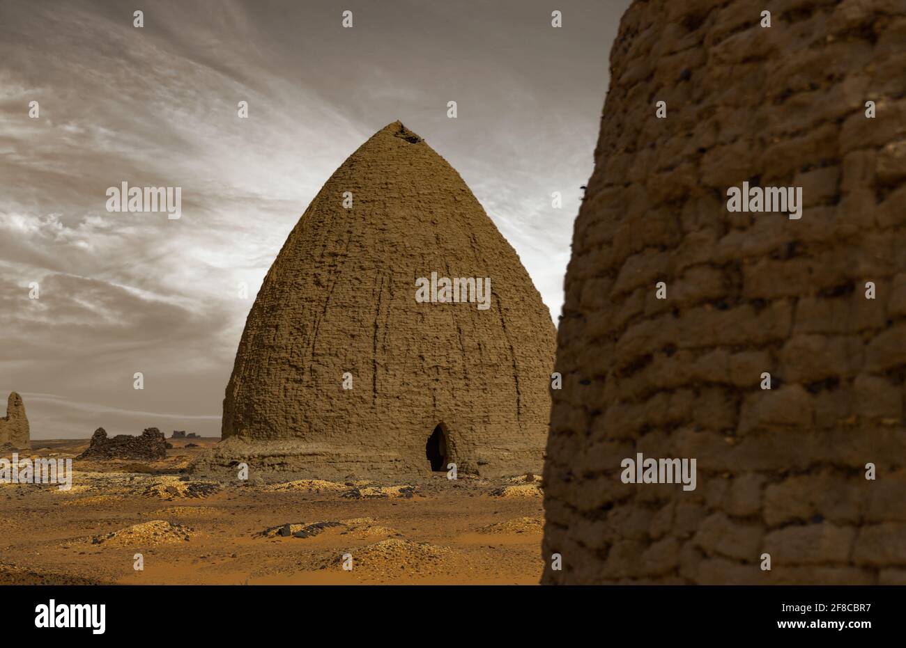 Tombs of Old Dongola Cemetery and Tombs in the North of the Sudanese Desert, Africa Stock Photo