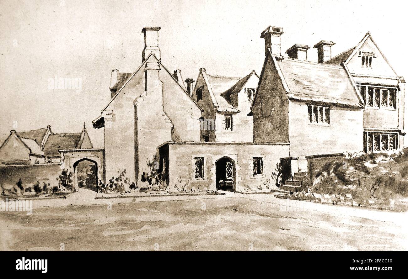 Sandford Orcas Manor as it was in 1876. The Tudor Manor House is said to be haunted by no less than 14 ghosts. Built in the micd 16th century by  Edward Knoyle from   local Ham Hill stone . It has been owned by the Medlycott family for the last 250 years. The name Orcas  dates back to descendents of the Norman Orescuilz family who  owned the local village of Sandford Orcas following the Battle of Hastings in 1066. Stock Photo