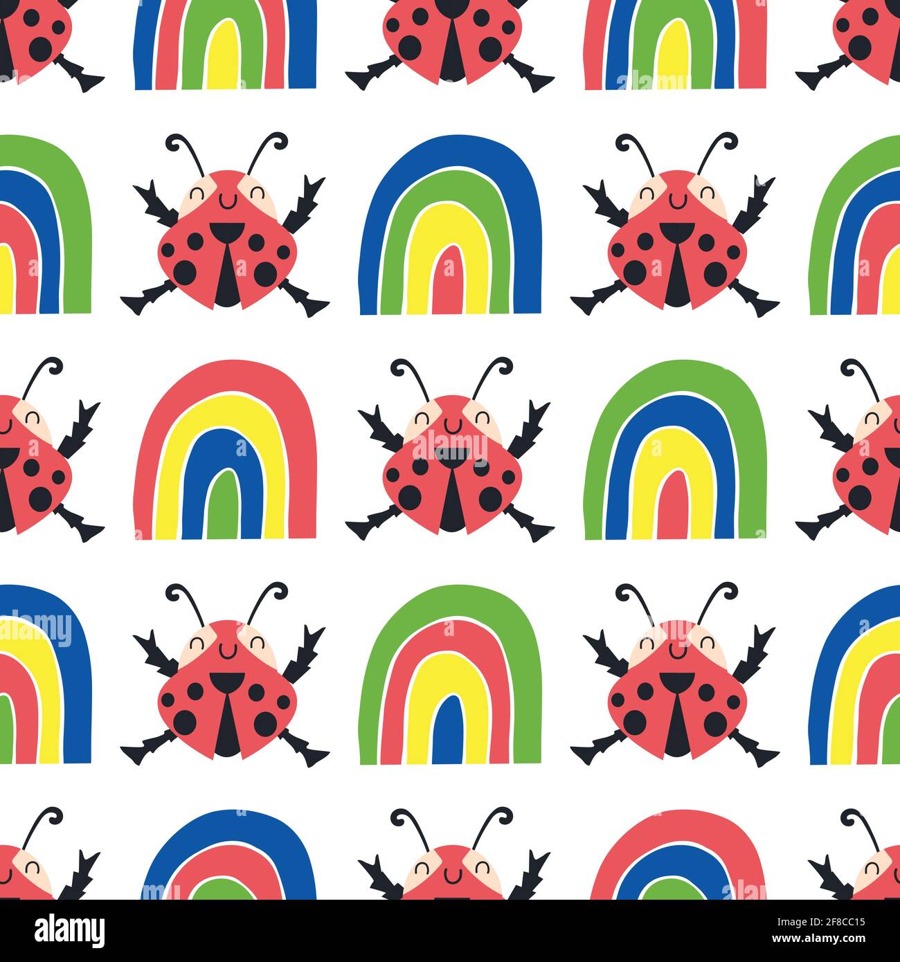 Cute ladybirds and rainbows seamless vector pattern background. Happy dancing ladybugs in childlike drawing style. Geometric design in primary colors Stock Vector