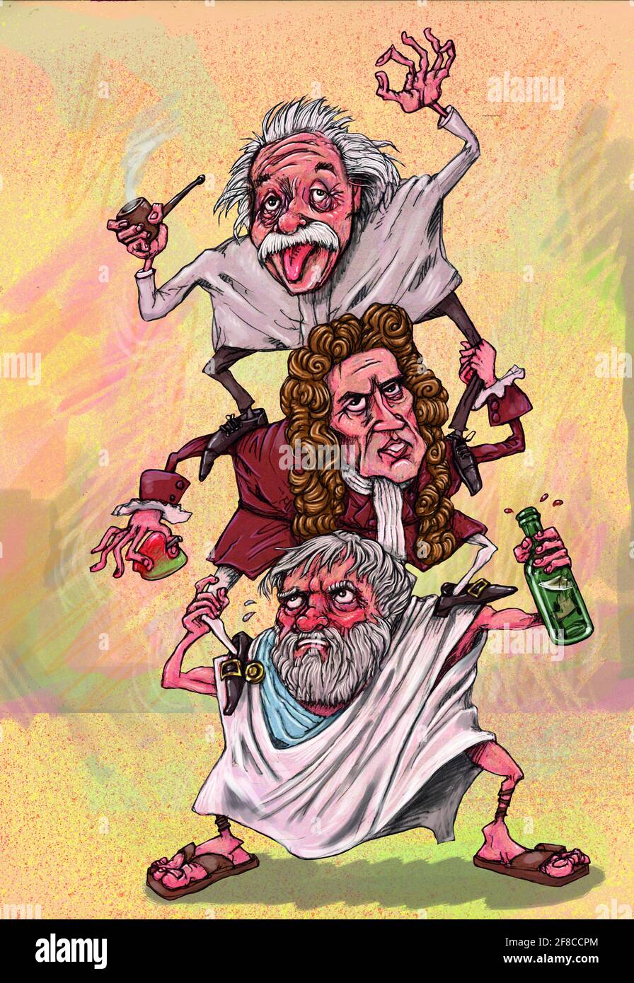 Concept art Aristotle, Isaac Newton, Albert Einstein illustrating quote, if I have seen a little further it is by standing on the shoulders of giants. Stock Photo