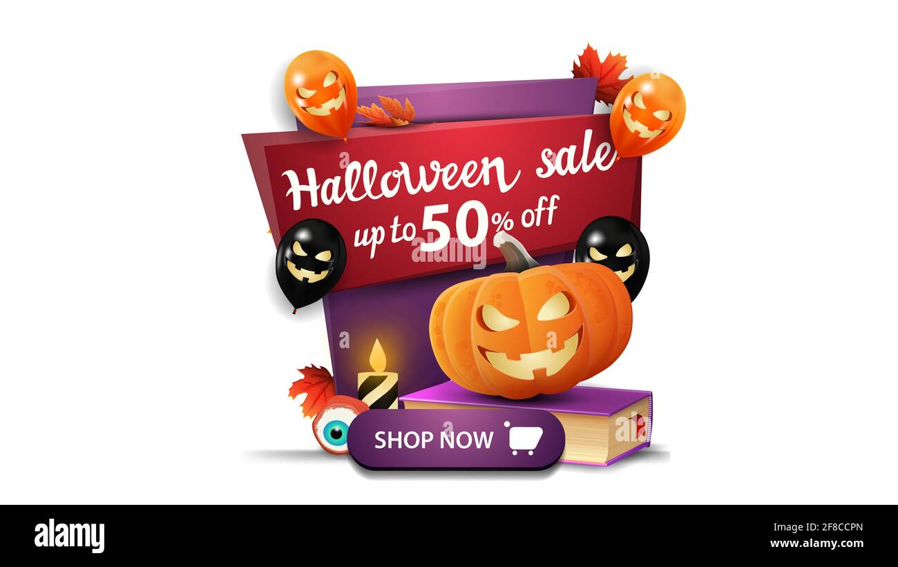 Halloween Sale Up To 50 Off Vertical Discount Banner In Cartoon Style With Halloween Balloons Spell Book And Pumpkin Jack Stock Photo Alamy