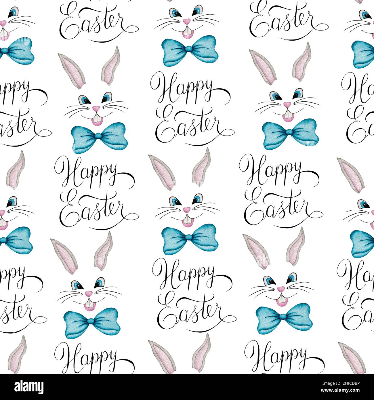 Easter repeat pattern with cute cartoon bunny faces and hand lettering ...