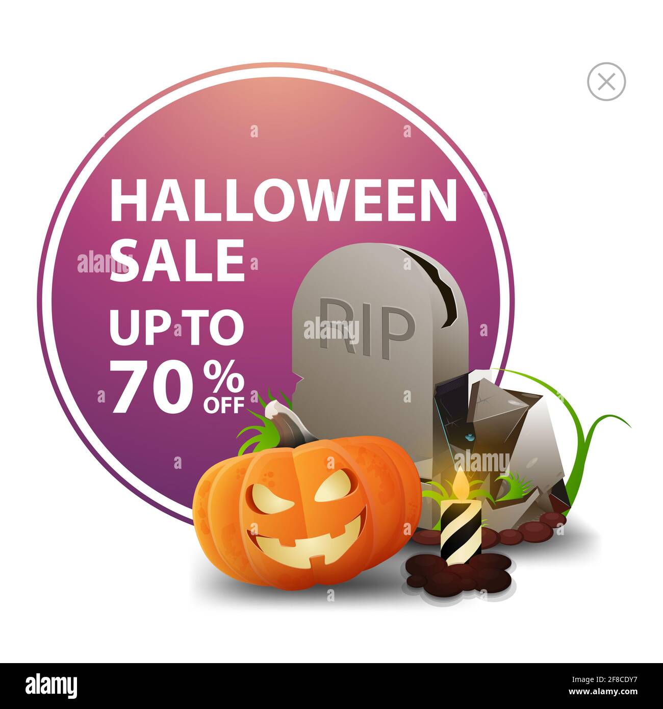 Halloween sale, up to 70 off, square white discount banner with tombstone and pumpkin Jack Stock Photo