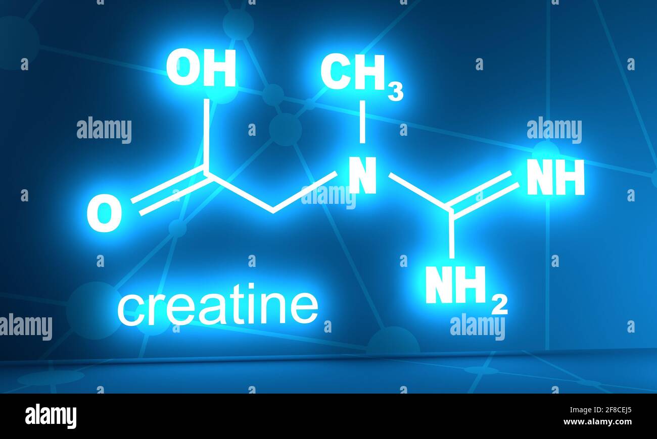 Structural chemical formula of creatine. 3D rendering. Neon shine Stock