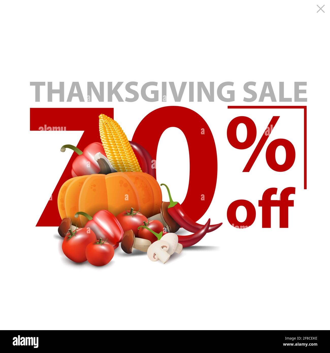 Thanksgiving sale, up to 70 off, white stylish discount banner with large red numbers with autumn harvest Stock Photo