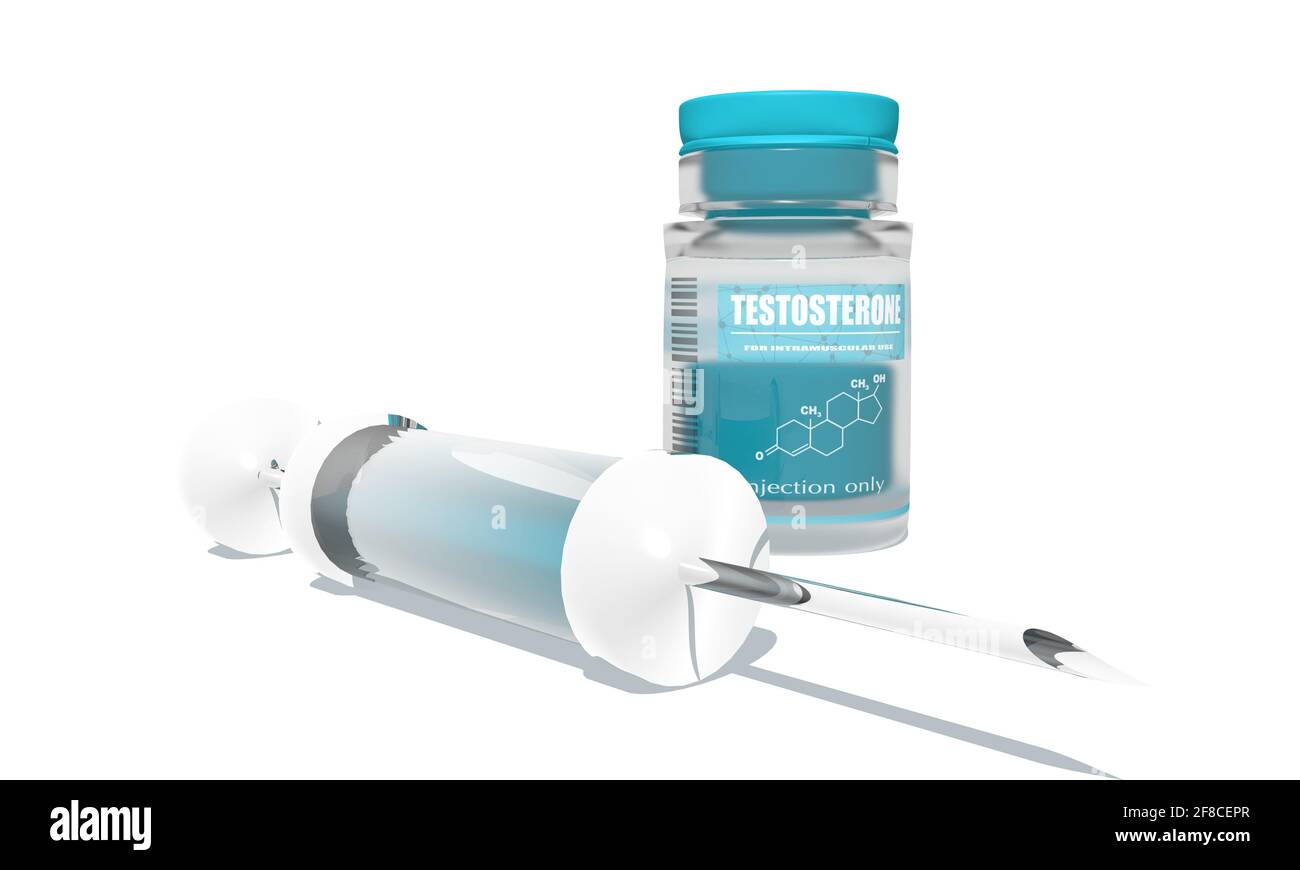 Testosterone injection vial and syringe over white background. 3D