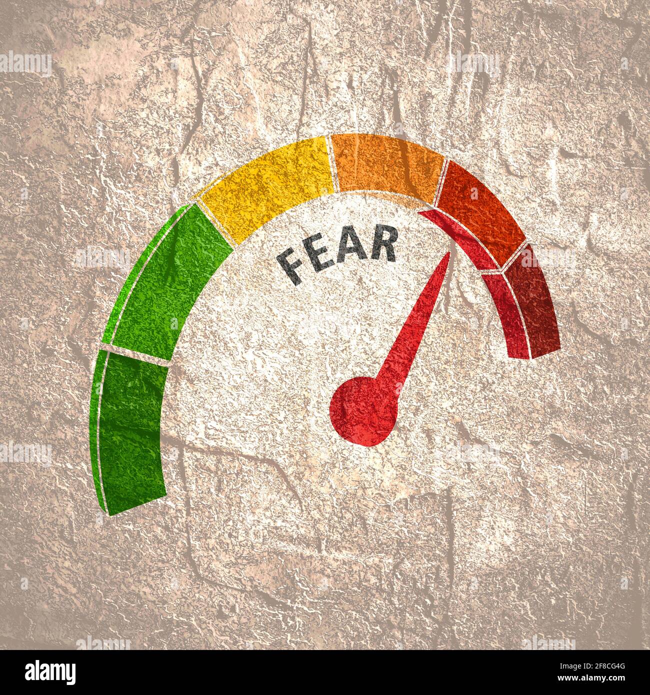 Fear level conceptual meter indicating maximum.Color scale with arrow from green to red. Sign tachometer, speedometer, indicators. Colorful infographi Stock Photo