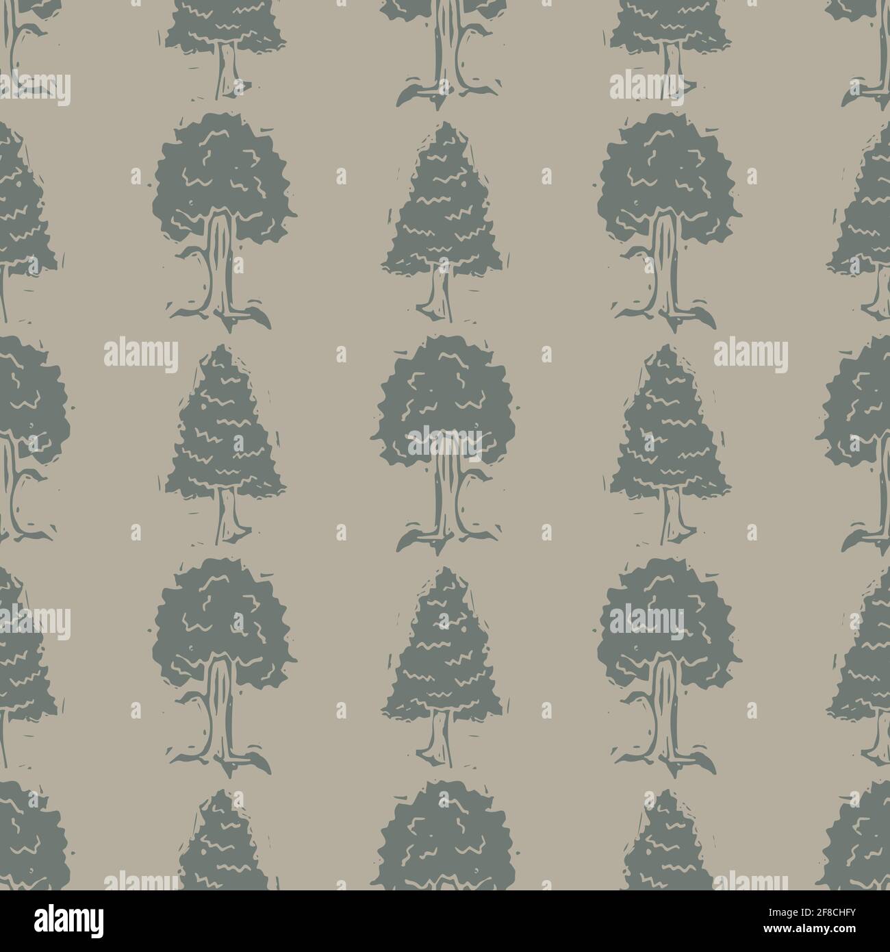 Handmade carved forest tree block print seamless pattern. Rustic ...