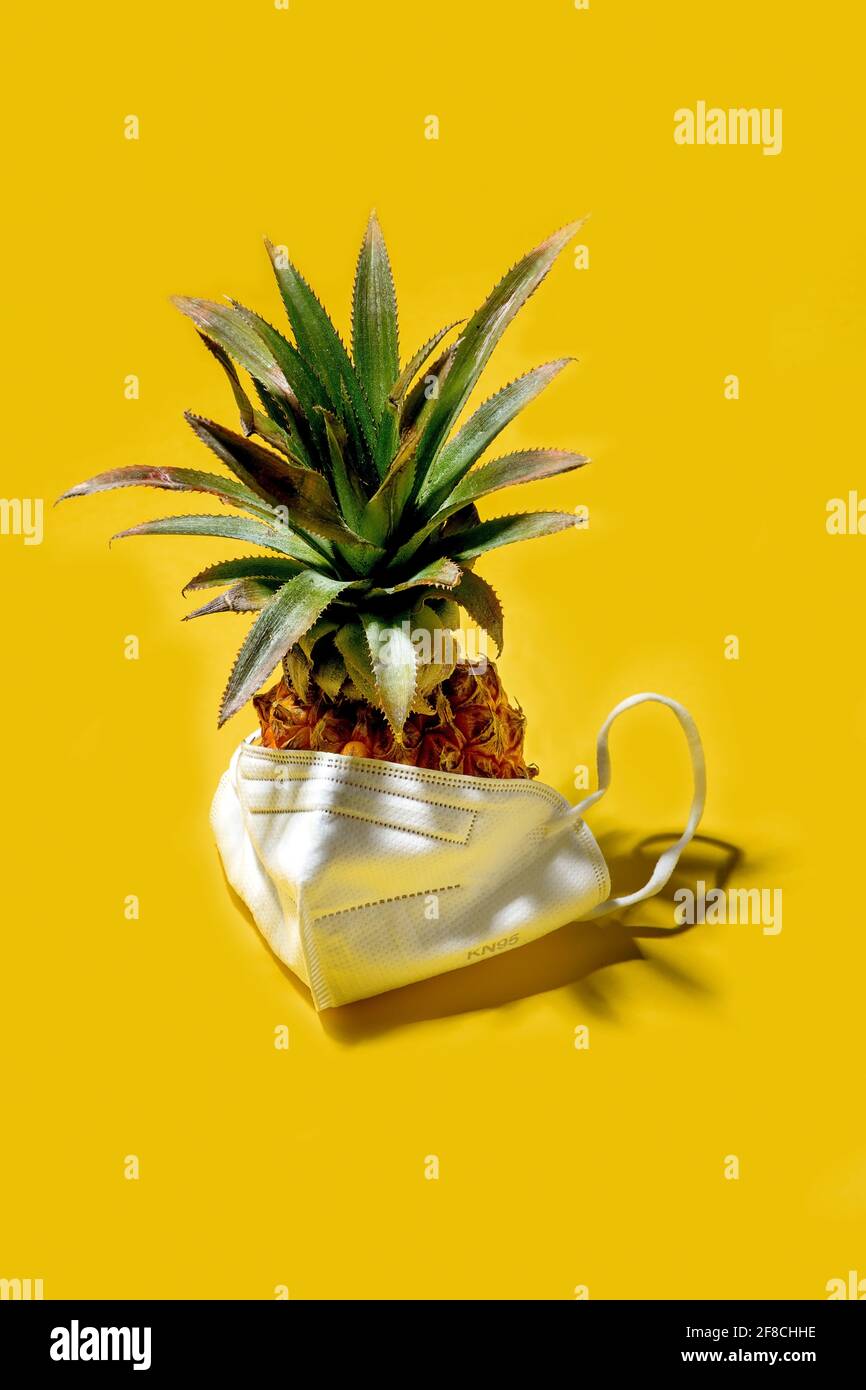Mini pineapple in mask on a solid yellow background Stock Photo