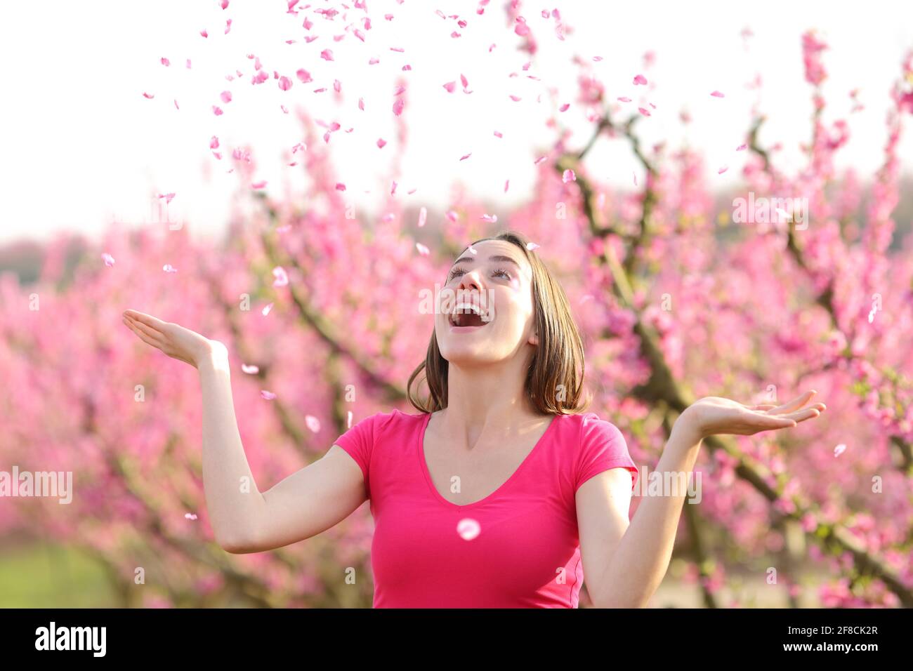 Excited woman throwing flower petals to the air in springtime in a pink field Stock Photo
