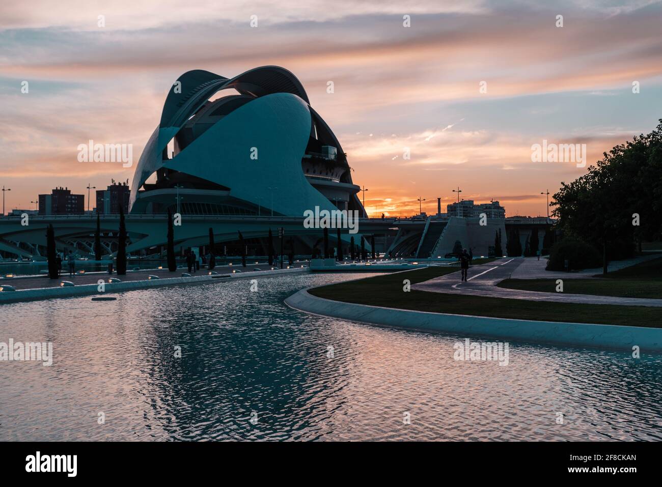 The Palau de les Arts Reina Sofía designed by Santiago Calatrava to anchor the northwest end of the City of Arts and Sciences in Valencia, Spain. Stock Photo