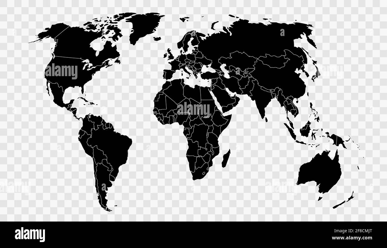 Political world map on transparent background, black color earth continents silhouette vector illustration Stock Vector