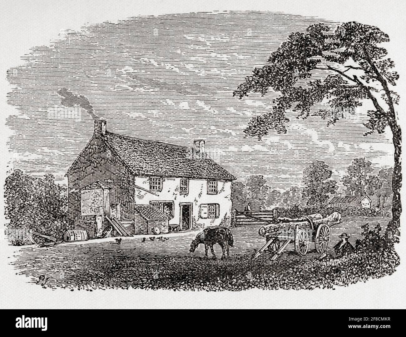 George Stephenson's Birthplace. An 18th-century stone cottage home of George Stephenson, Wylam, Northumberland, England, seen here in the 19th century.  From Great Engineers, published c.1890 Stock Photo