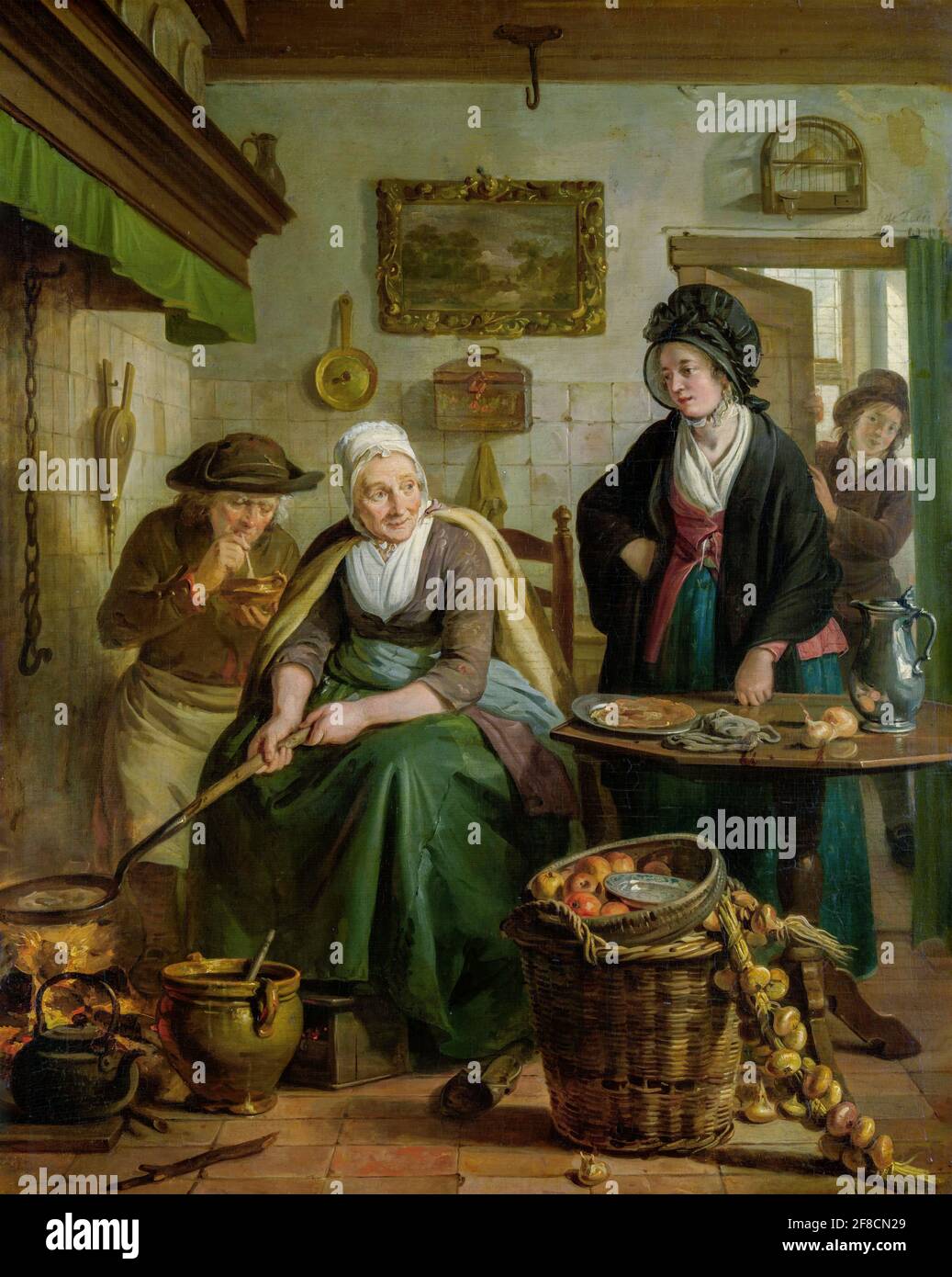 The pancake maker. Interior of a kitchen in which an old woman bakes pancakes. An old man is sitting by the fireplace, lighting his pipe. On the right Stock Photo