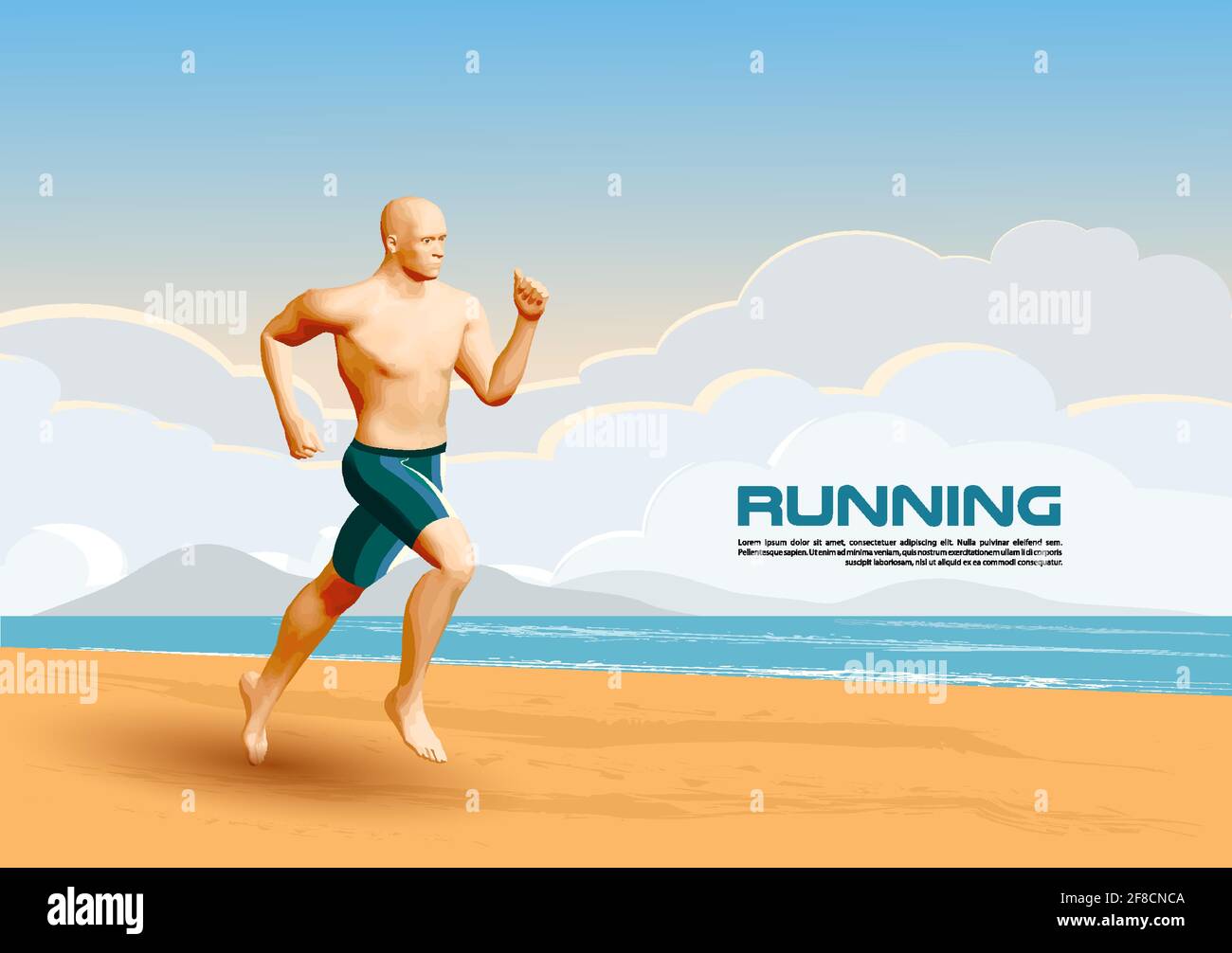 Young caucasian athlete man running on beach with sea and summer cloud