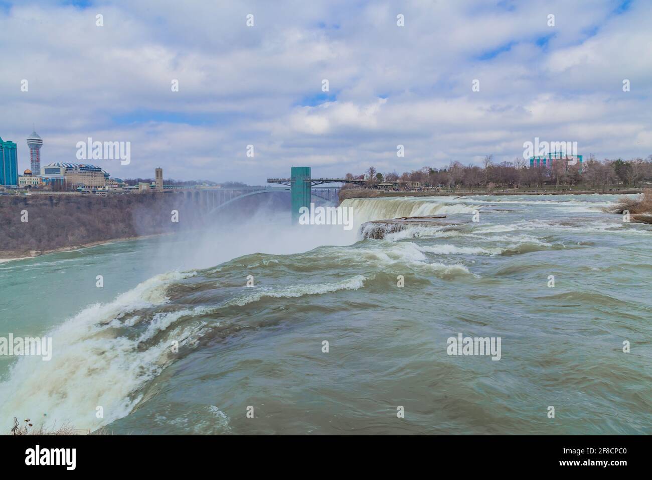 The Niagara Falls on the US Side (Buffalo, New York). Beautiful form of nature that attracts a lot of tourists and visitors yearly. Maid of the Mist. Stock Photo