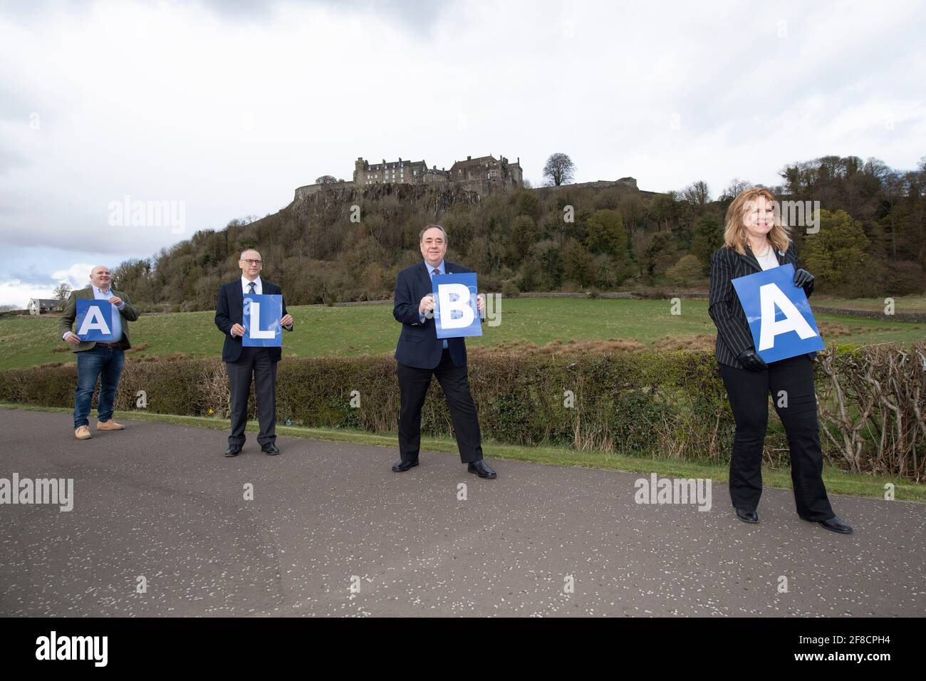 Stirling, Scotland, UK. 13th Apr, 2021. PICTURED: (L-R) Neale Hanvey MP; Jim Eadie; Rt Hon Alex Salmond; Eva Comrie. Alba Party Leader, Rt Hon Alex Salmond unveils his candidates for Mid Scotland and Fife region. Pic Credit: Colin Fisher/Alamy Live News Stock Photo