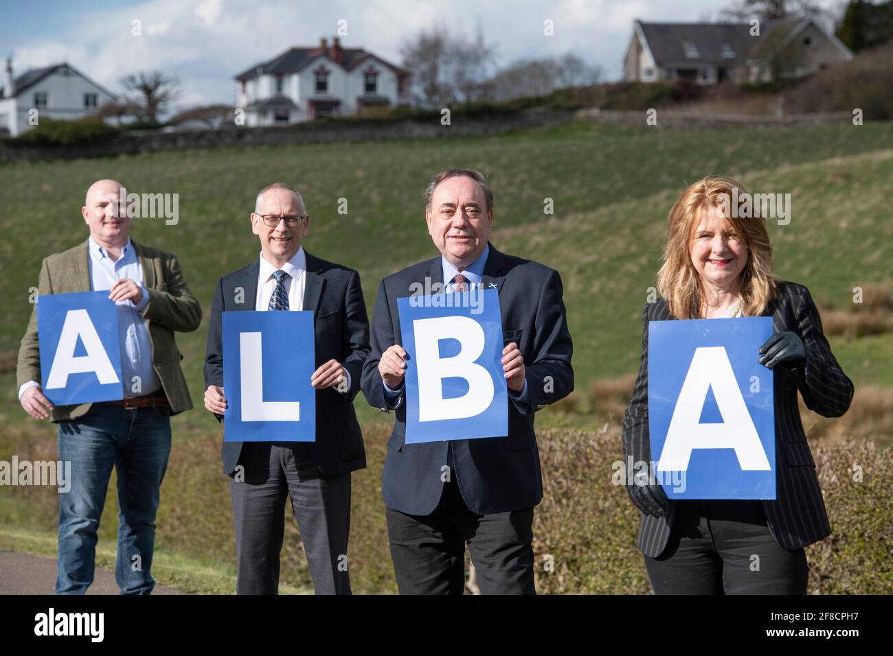 Stirling, Scotland, UK. 13th Apr, 2021. PICTURED: (L-R) Neale Hanvey MP; Jim Eadie; Rt Hon Alex Salmond; Eva Comrie. Alba Party Leader, Rt Hon Alex Salmond unveils his candidates for Mid Scotland and Fife region. Pic Credit: Colin Fisher/Alamy Live News Stock Photo