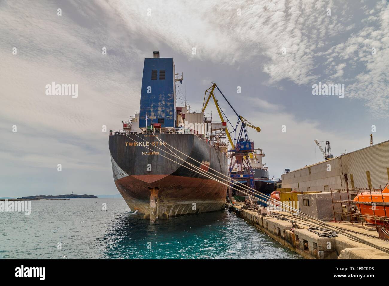 Ermoupolis: March 13th. Twinkle Star Bulk Carrier docked in Neorion Shipyard. Syros 2021, Greece. Stock Photo