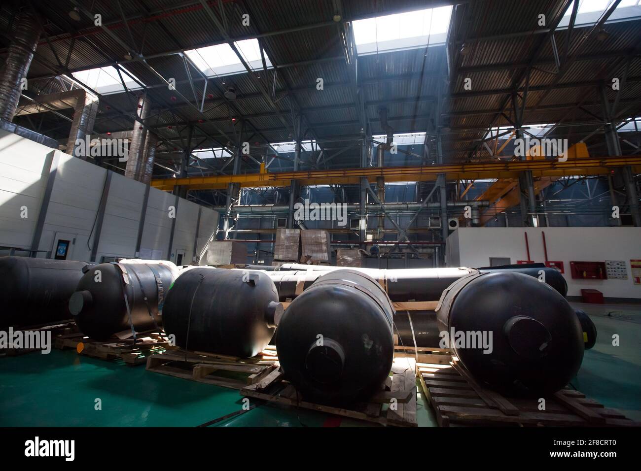 Kazakhstan, Nur-sultan locomotive-building plant. Metal air tank on the floor. Stock Photo
