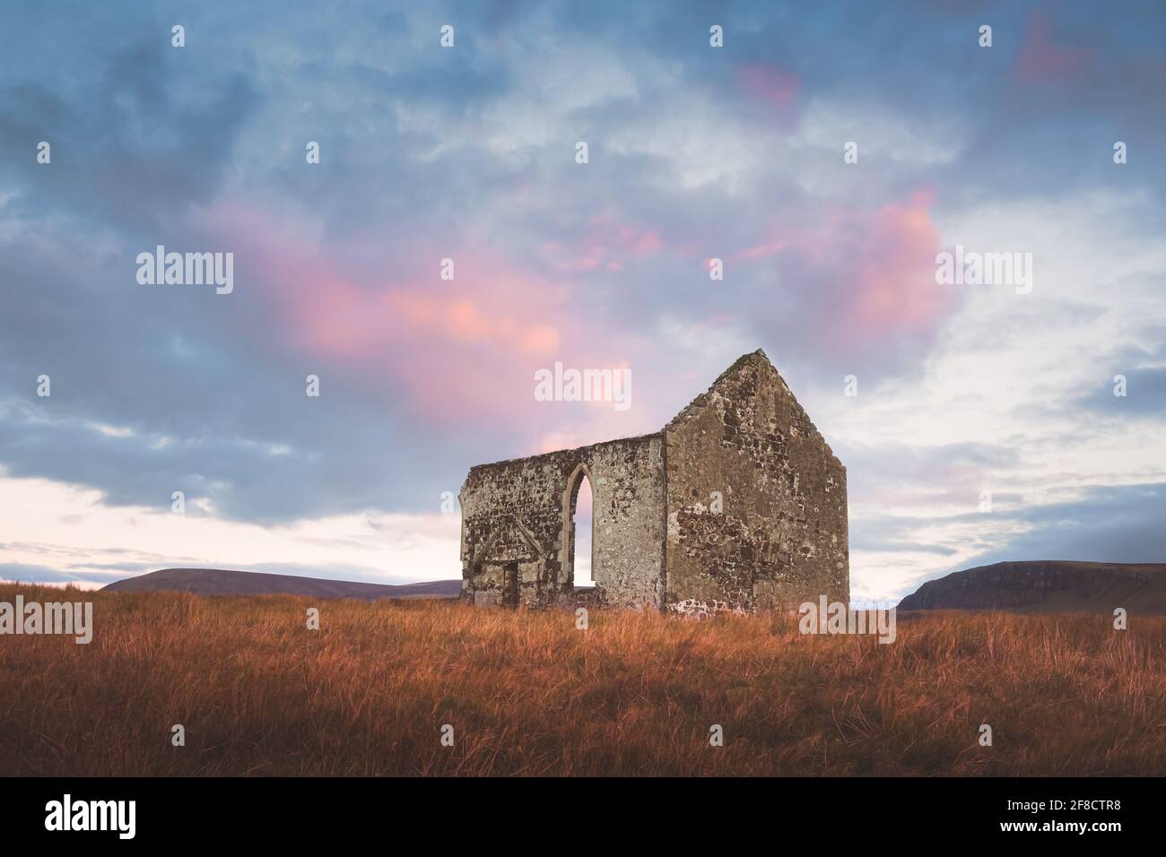 Old, ancient stone ruins of the remote and isolated Kilmuir Church in