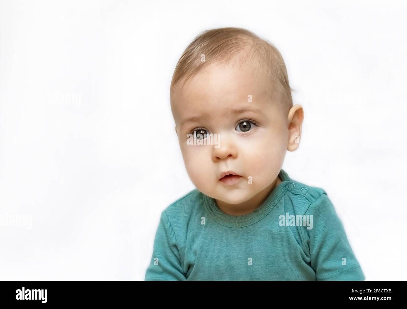 Sweet little baby boy portrait with his little teddy bear on white ...