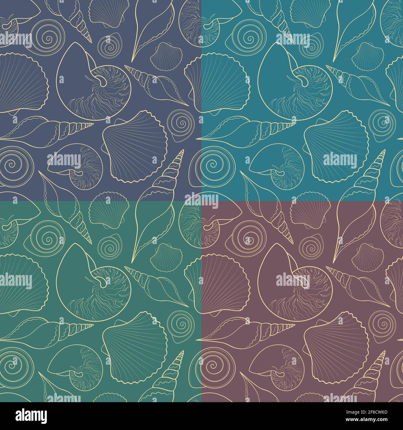 Set of vector seamless patterns with shells. Stock Vector