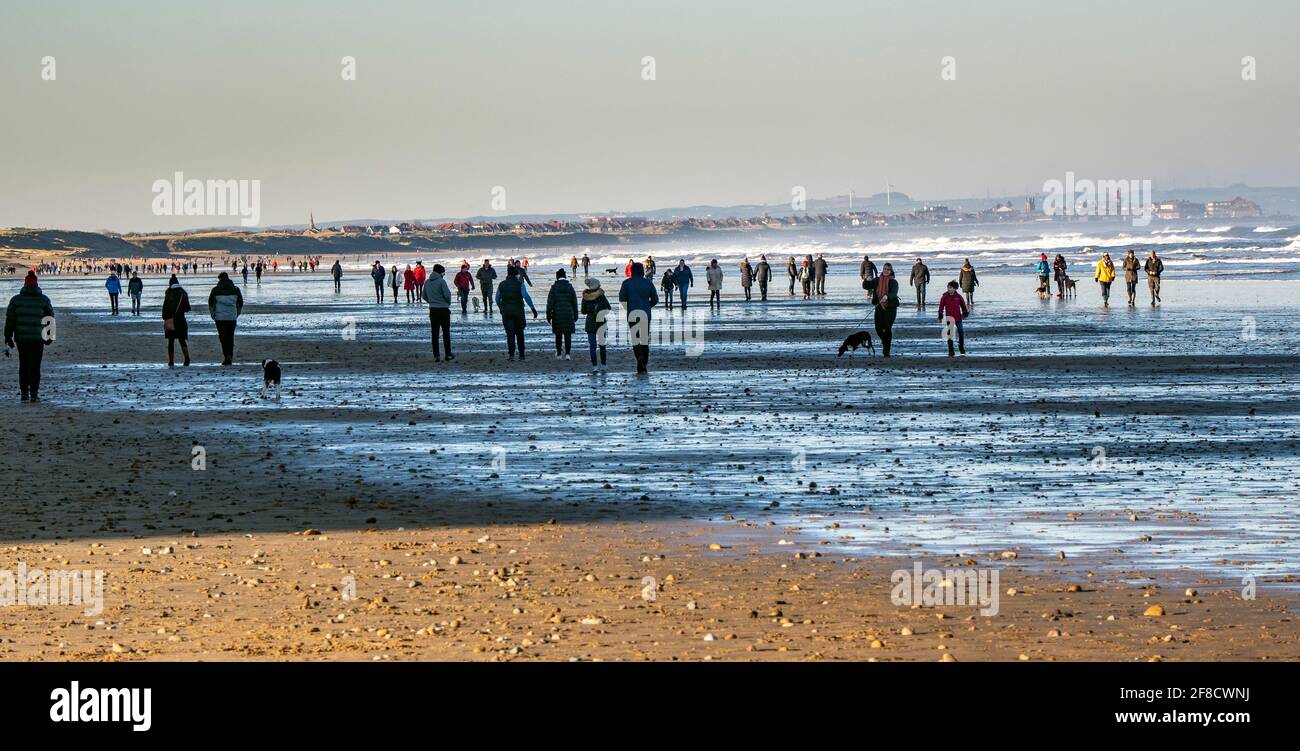 Masses of Walkers on the Beach between Saltburn and Marske during Covid 19 Lockdown Stock Photo