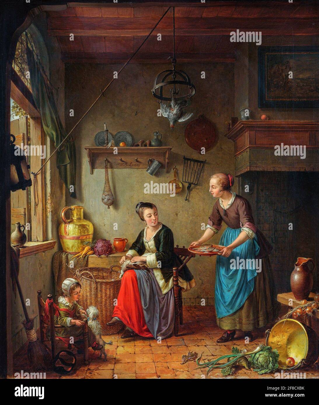 Interior of a kitchen, in the center a young woman is sitting by a basket picking a partridge. On the right, a kitchen maid comes up with a tray of fi Stock Photo