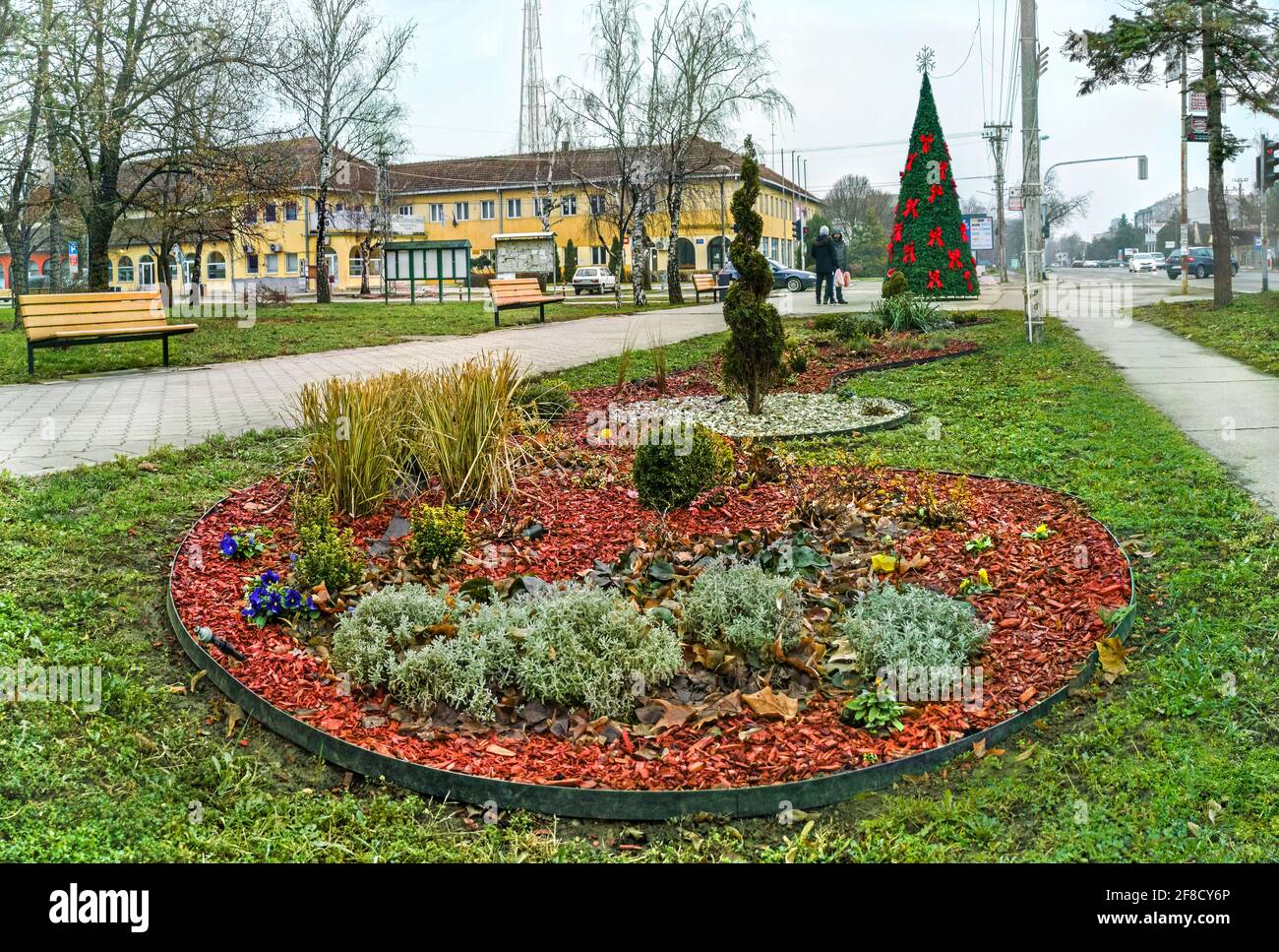 Temerin city near Novi Sad. The longest street in Serbia. Center and the main street with Christmas tree, flower garden and unrecognizable people. Stock Photo