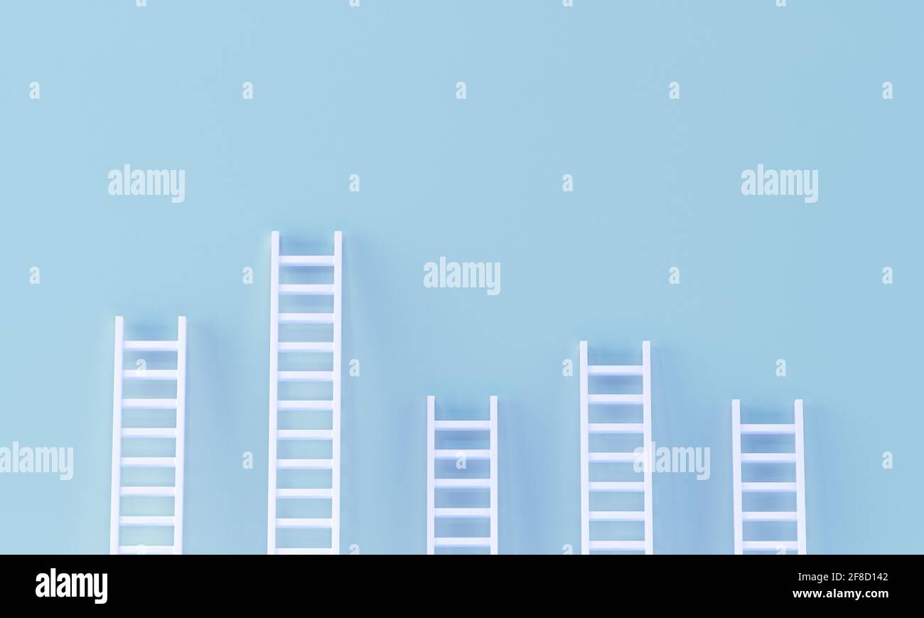 Ladder random collection on pastel blue wall. minimal studio background. 3d rendering Stock Photo
