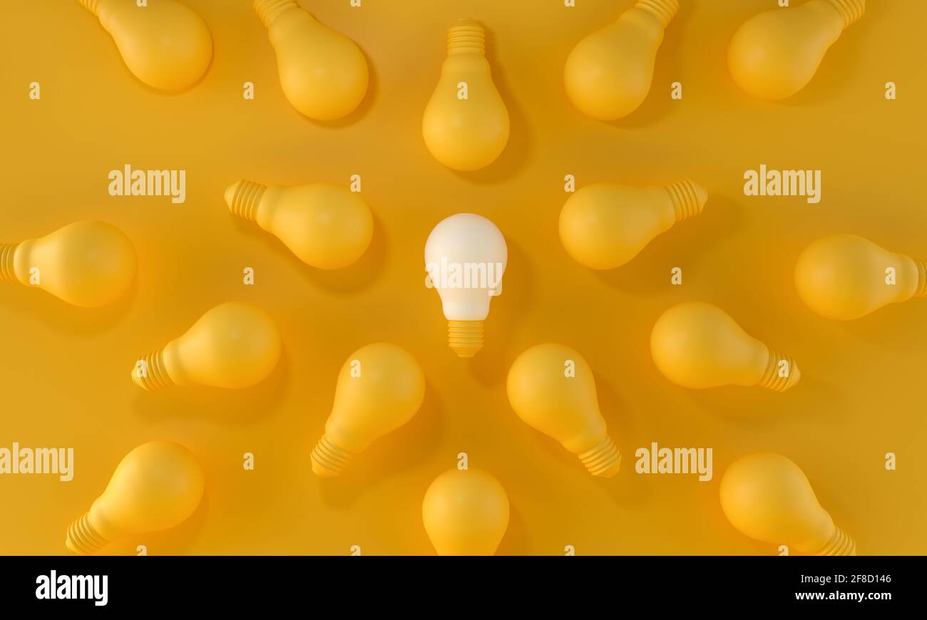 Light Bulb white Standing Out From the Crowd on yellow background. ideas and creativity concept. 3d rendering. Stock Photo