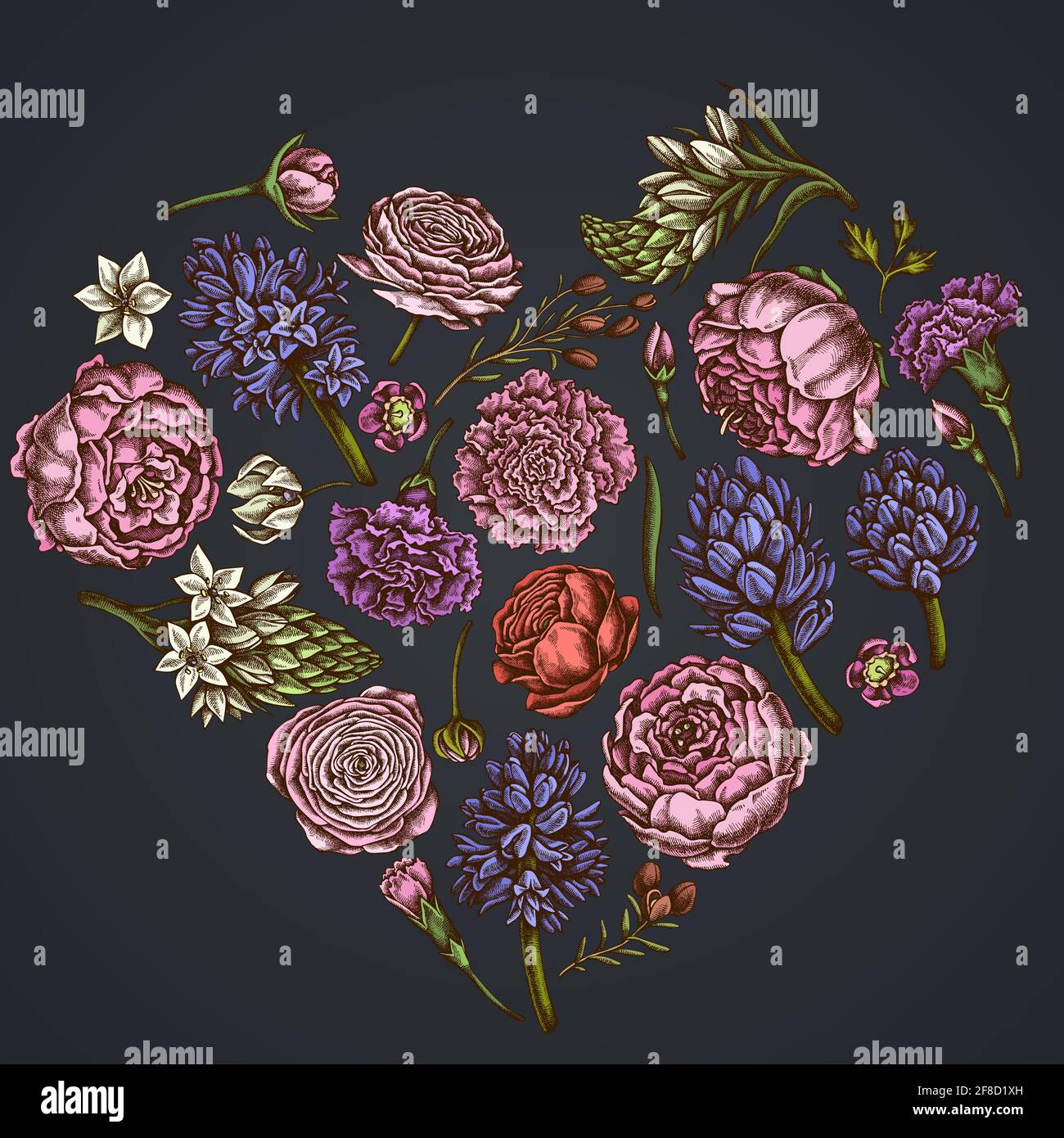Heart floral design on dark background with peony, carnation, ranunculus, wax flower, ornithogalum, hyacinth Stock Vector