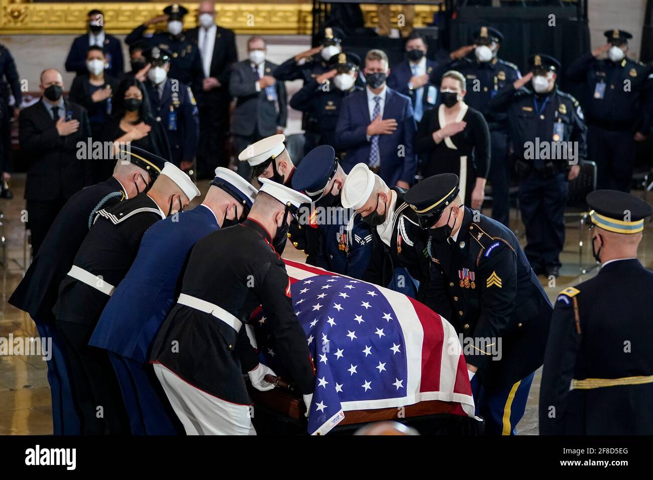 WASHINGTON, DC - APRIL 13: The remains of the late U.S. Capitol Police officer William 'Billy' Evans arrive for a memorial service as he lies in honor in the Rotunda at the U.S. Capitol on April 13, 2021 in Washington, DC. Officer Evans was killed in the line of duty during the attack outside the U.S. Capitol on April 2. He is the sixth Capitol Police officer to die in the line of duty in the nearly 200 years since the force was created. Credit: Drew Angerer/Pool via CNP | usage worldwide Stock Photo