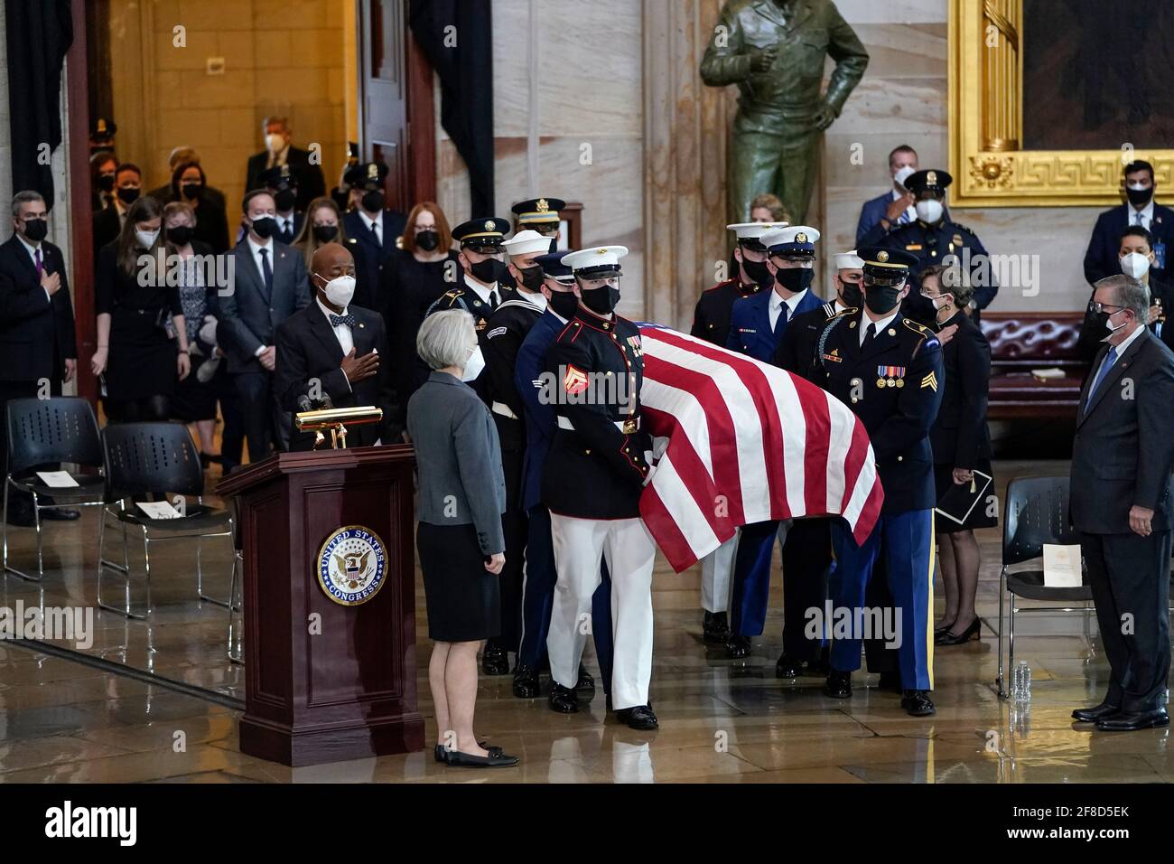 WASHINGTON, DC - APRIL 13: The remains of the late U.S. Capitol Police officer William 'Billy' Evans arrive for a memorial service as he lies in honor in the Rotunda at the U.S. Capitol on April 13, 2021 in Washington, DC. Officer Evans was killed in the line of duty during the attack outside the U.S. Capitol on April 2. He is the sixth Capitol Police officer to die in the line of duty in the nearly 200 years since the force was created.Credit: Drew Angerer/Pool via CNP | usage worldwide Stock Photo