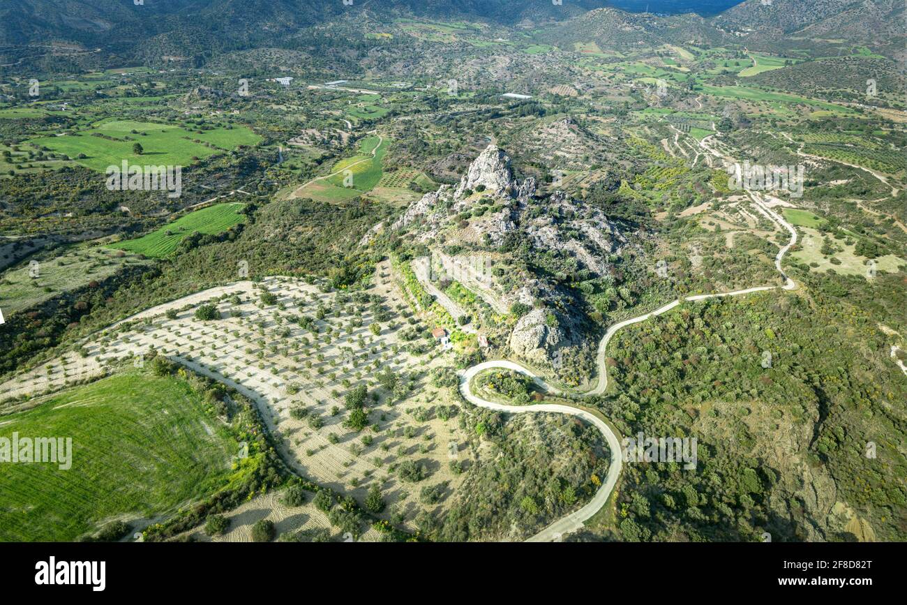 Aerial landscape with river Sirkatis valley and Kourvellos rock in Lefkara area, Cyprus Stock Photo