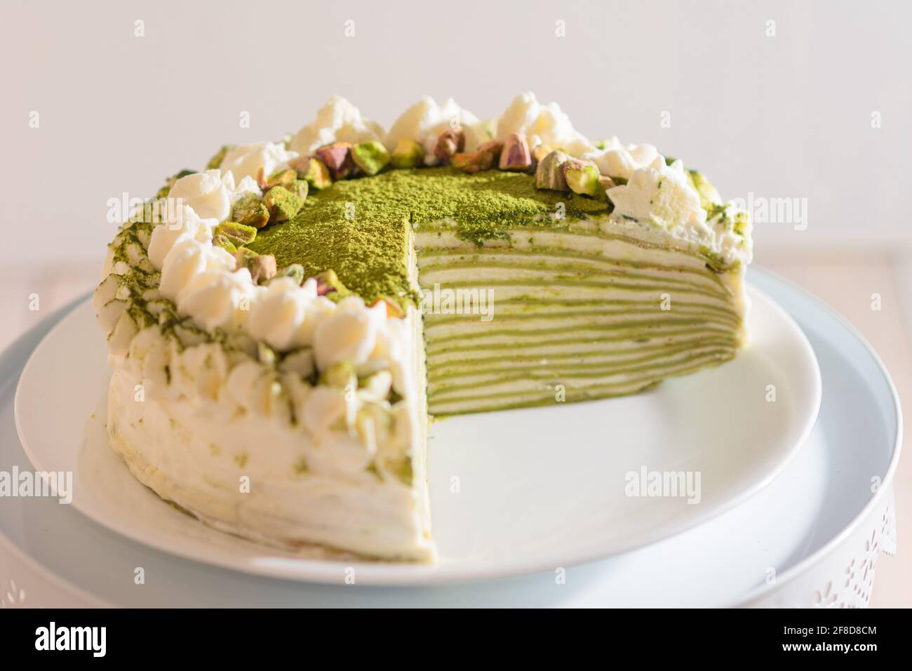 Matcha Mille Crepe Cake On A Plate Stock Photo