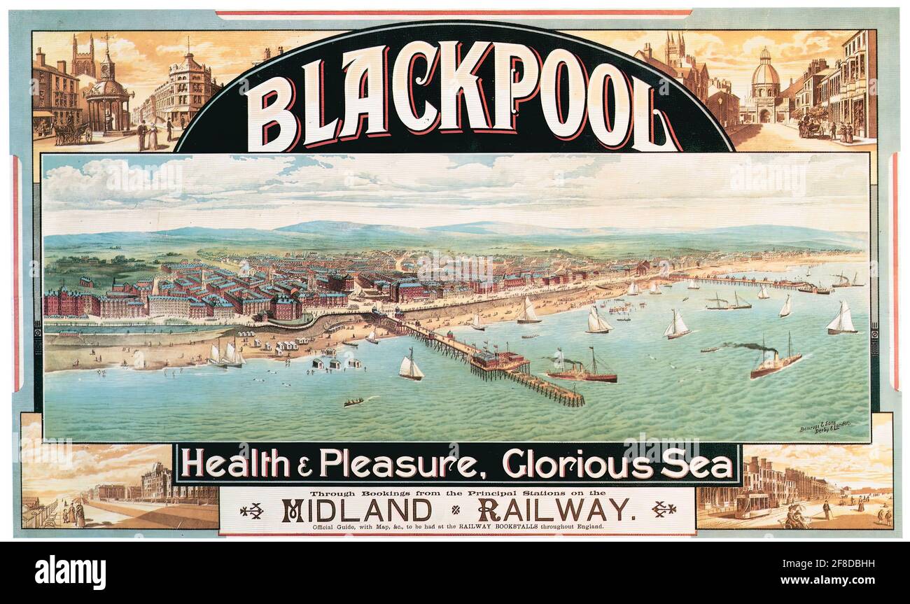 A vintage travel poster for Blackpool in Lancashire by the Midland Railway Stock Photo