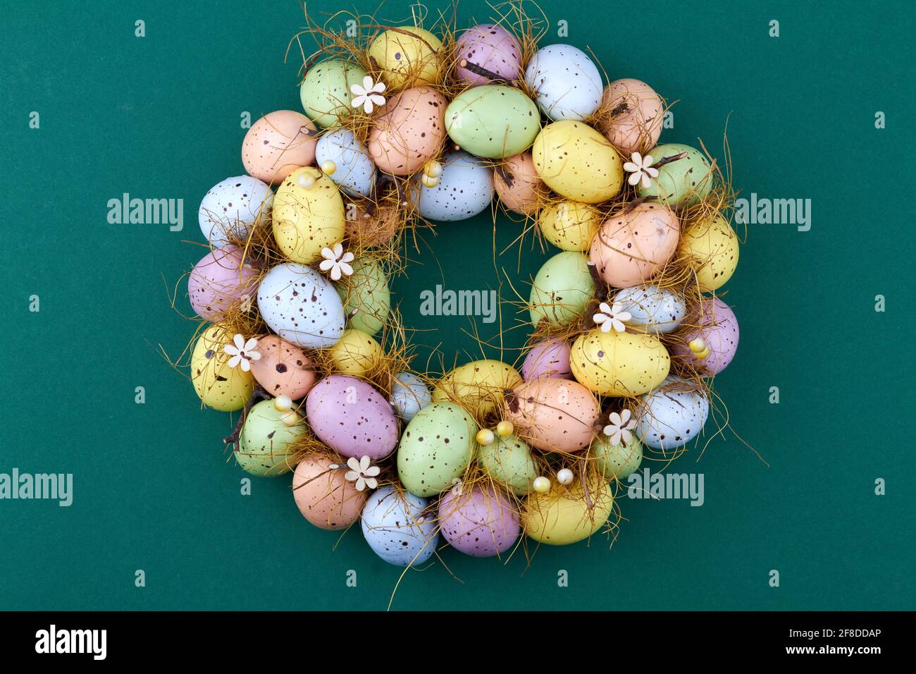 Colored easter eggs on dark green background. Stock Photo