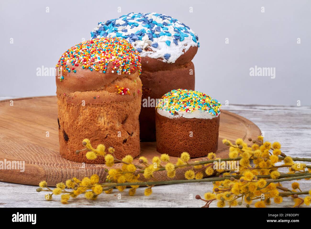Baked easter cakes with icing and yellow willow. Stock Photo
